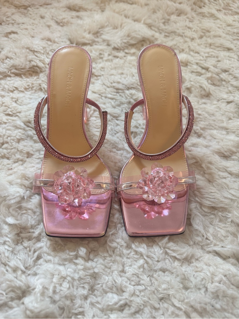 Mach & Mach Pink Crystal Flower Slide Sandals - Size 38